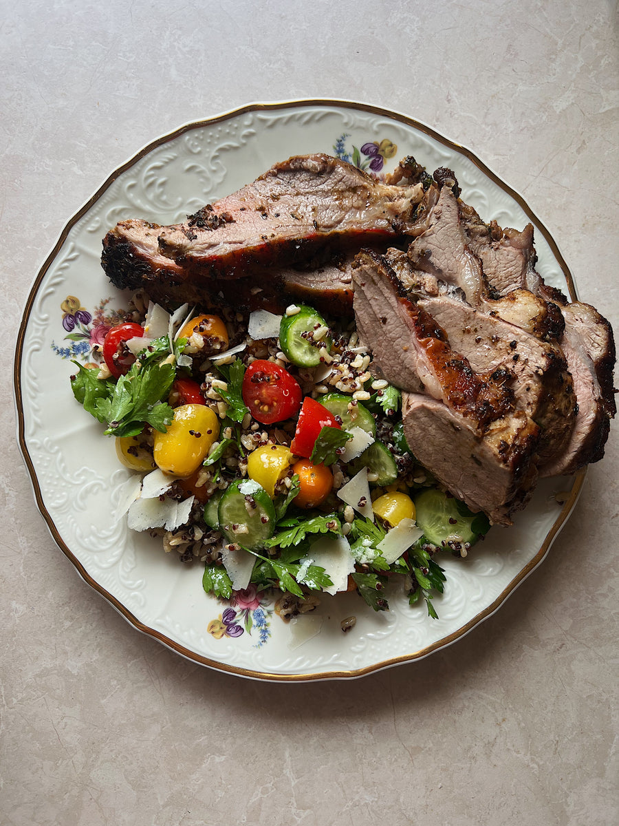 BBQ lamb leg with tomato and brown rice salad Australian Meat Emporium