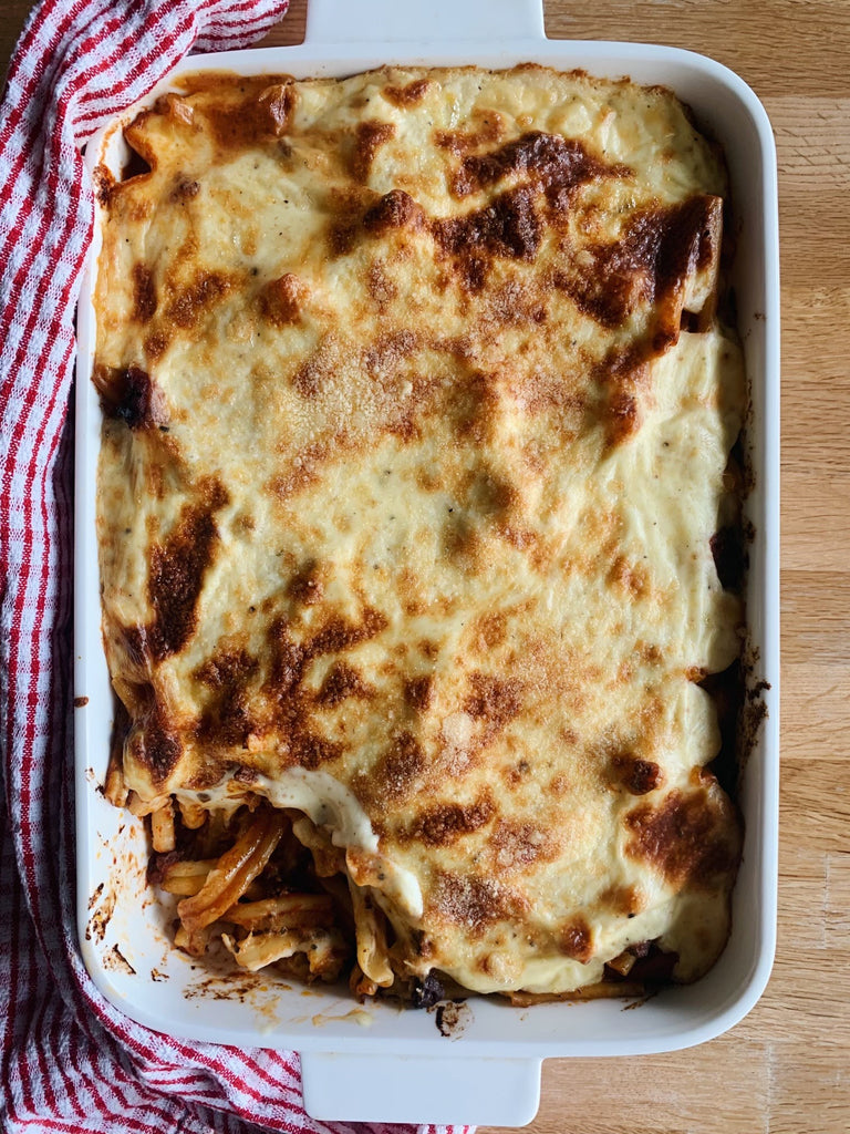 Beef & chorizo bolognese pasta bake with cheesy béchamel.