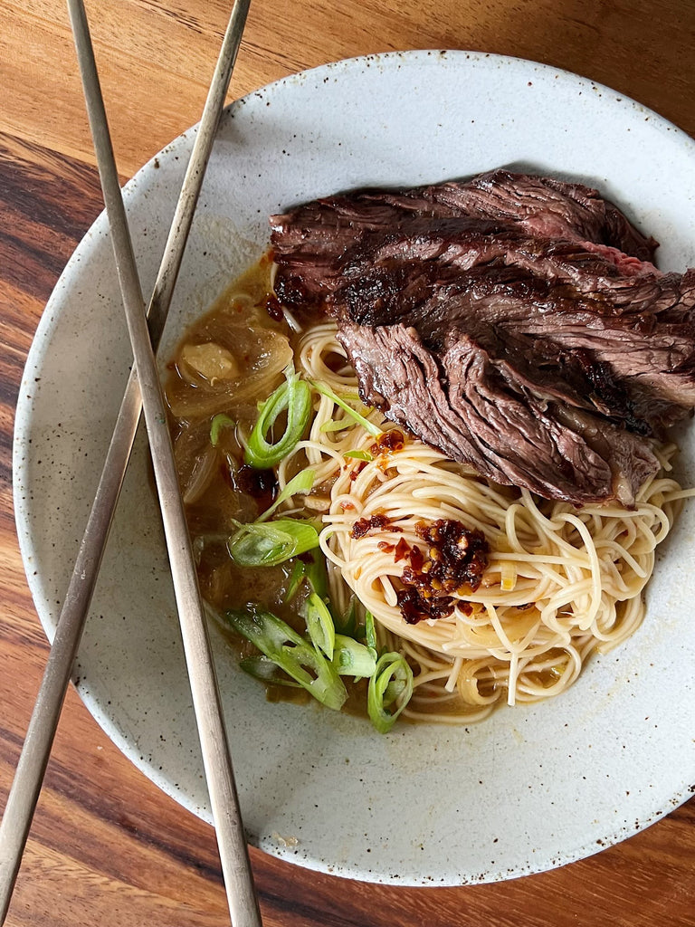 Miso & chilli noodles with BBQ sesame hanger steak 