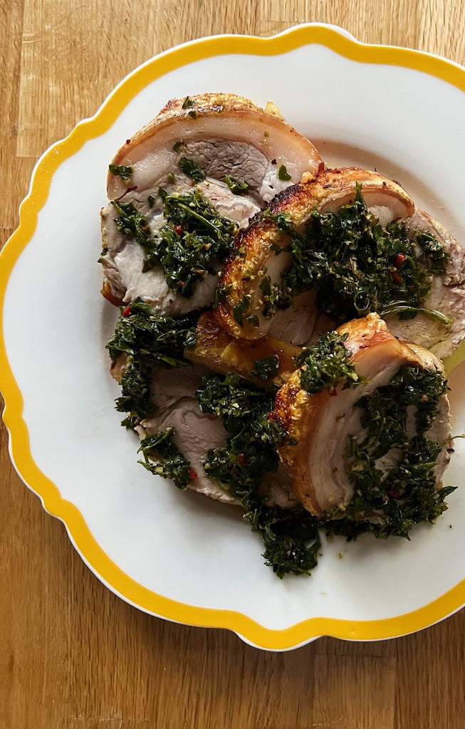 Crispy pork loin roast with chimichurri