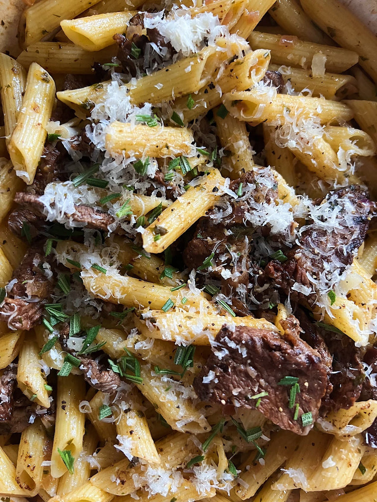 Buttery pasta with charred chuck flap steak