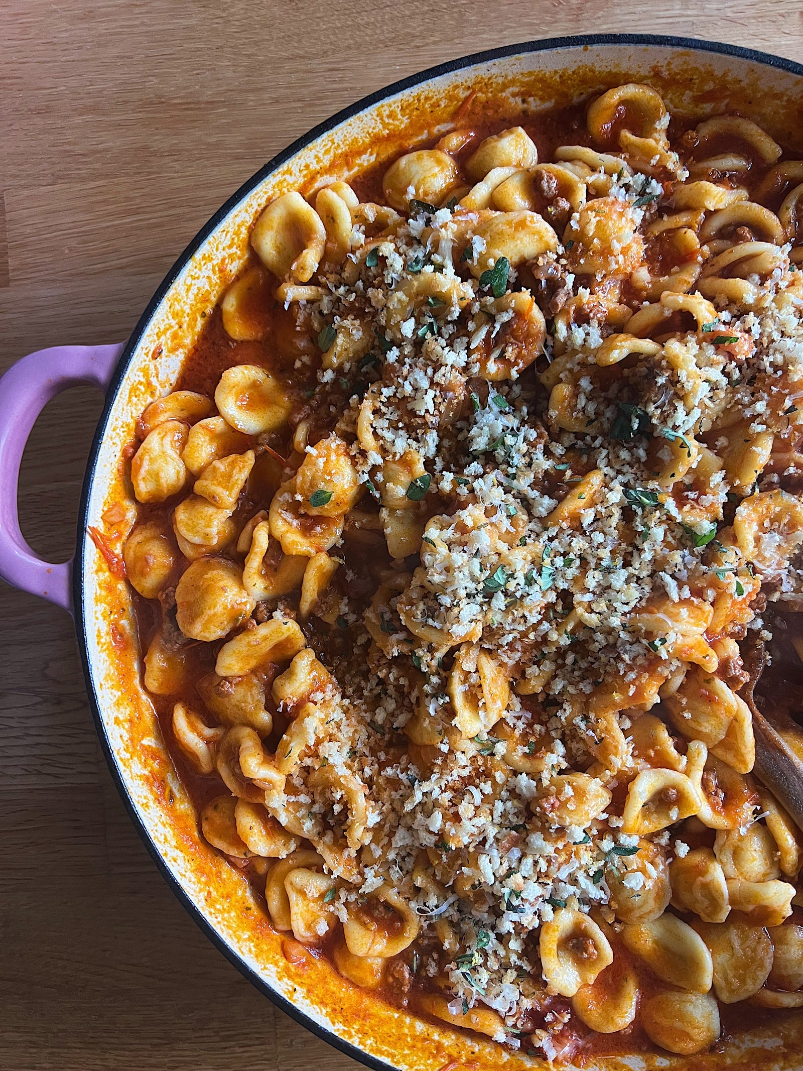 Beef and pancetta Bolognese with lemon and parmesan pangrattato