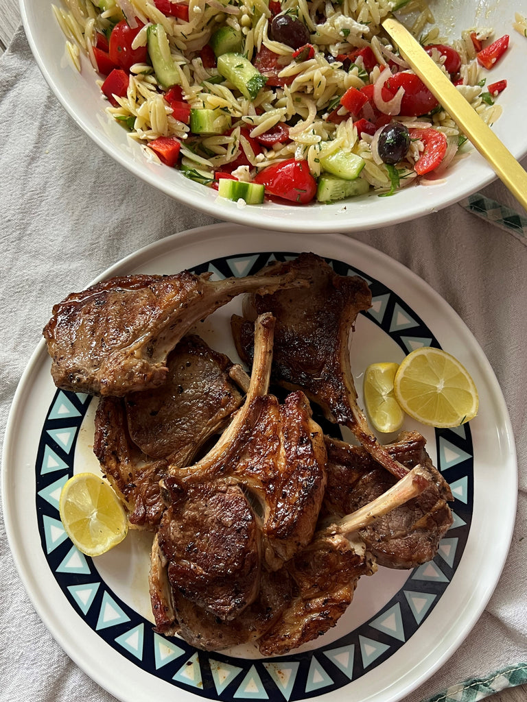Greek style lamb chops with orzo Greek salad