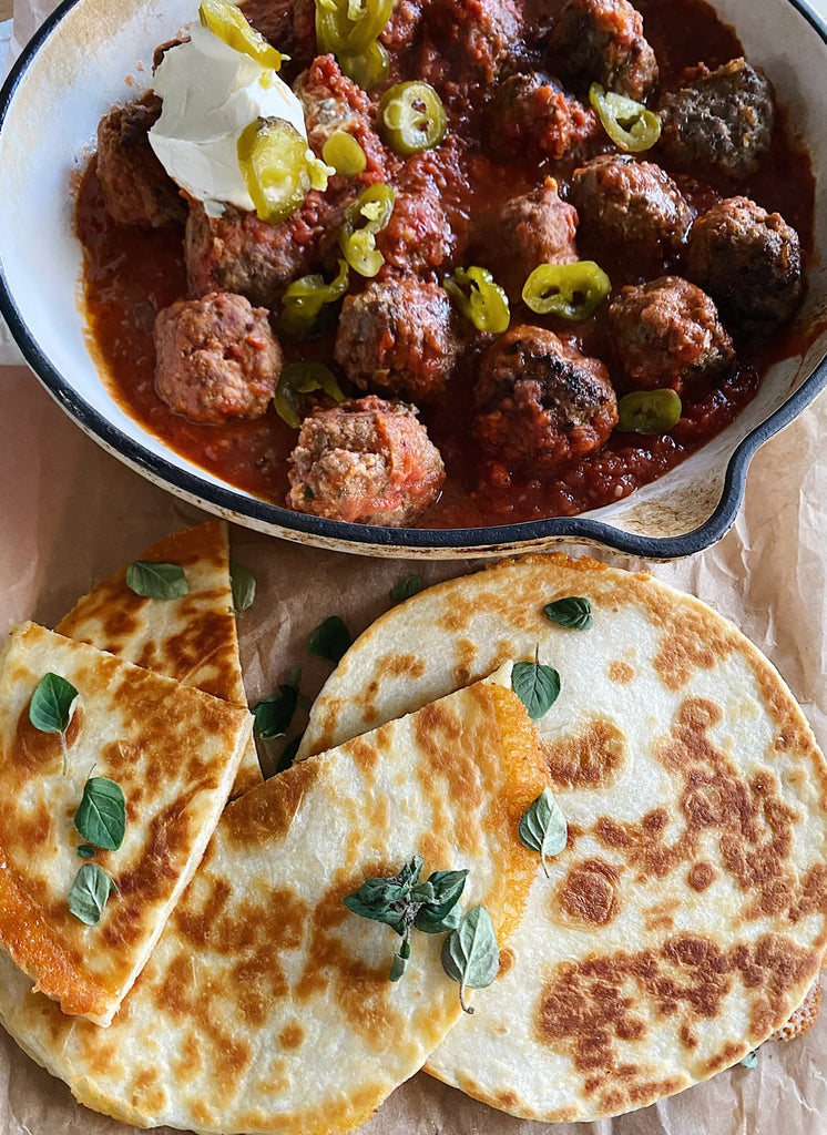 Chilli con carne meatballs with cheesy tortilla