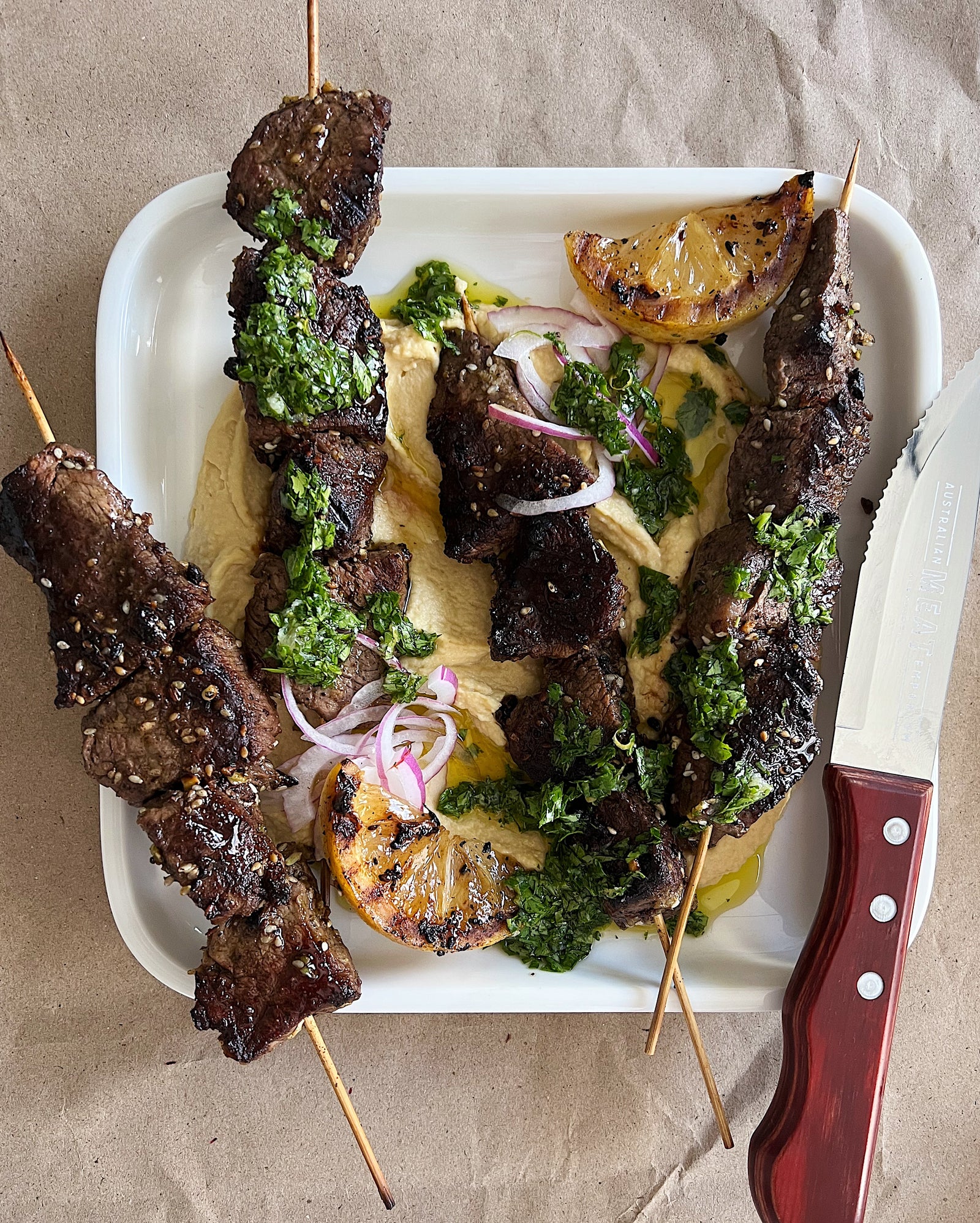 Dukkah beef skewers with lemon salsa verde 