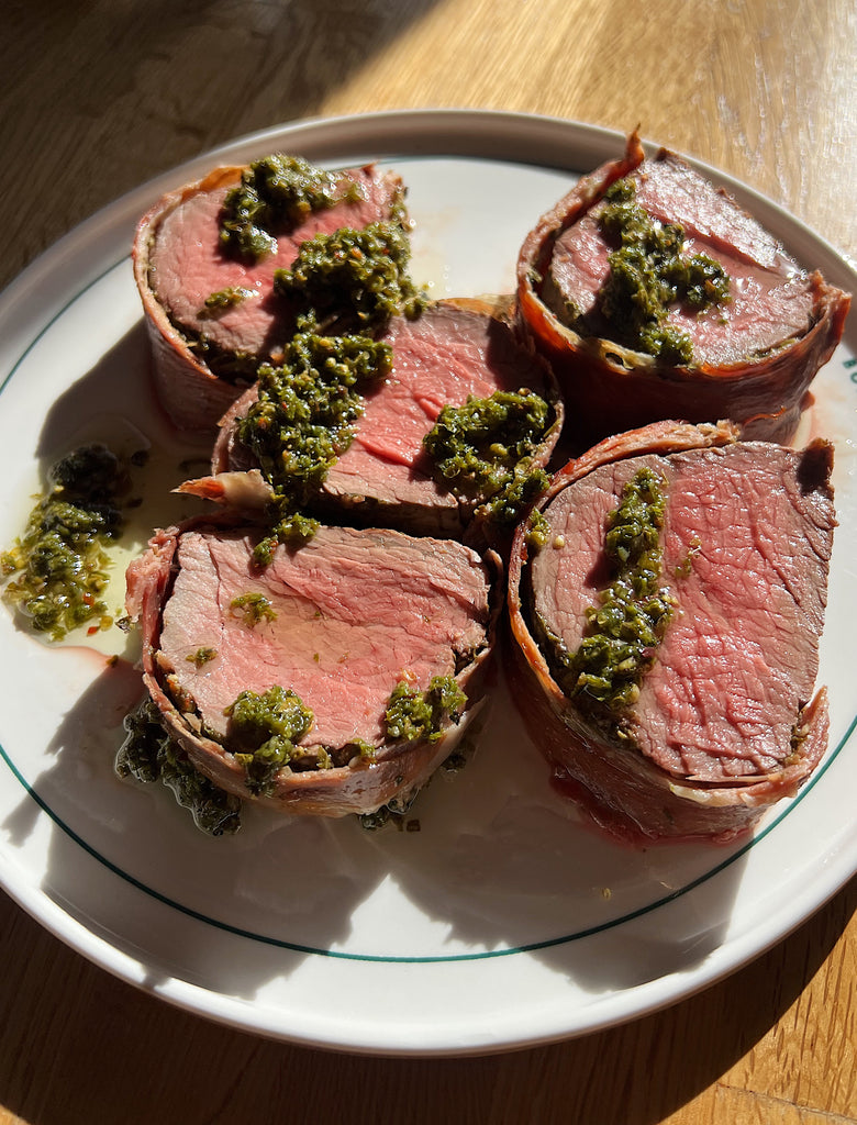 Eye fillet wrapped in prosciutto with chimichurri