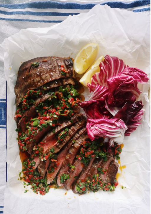 BBQ skirt steak with roasted pepper salsa verde