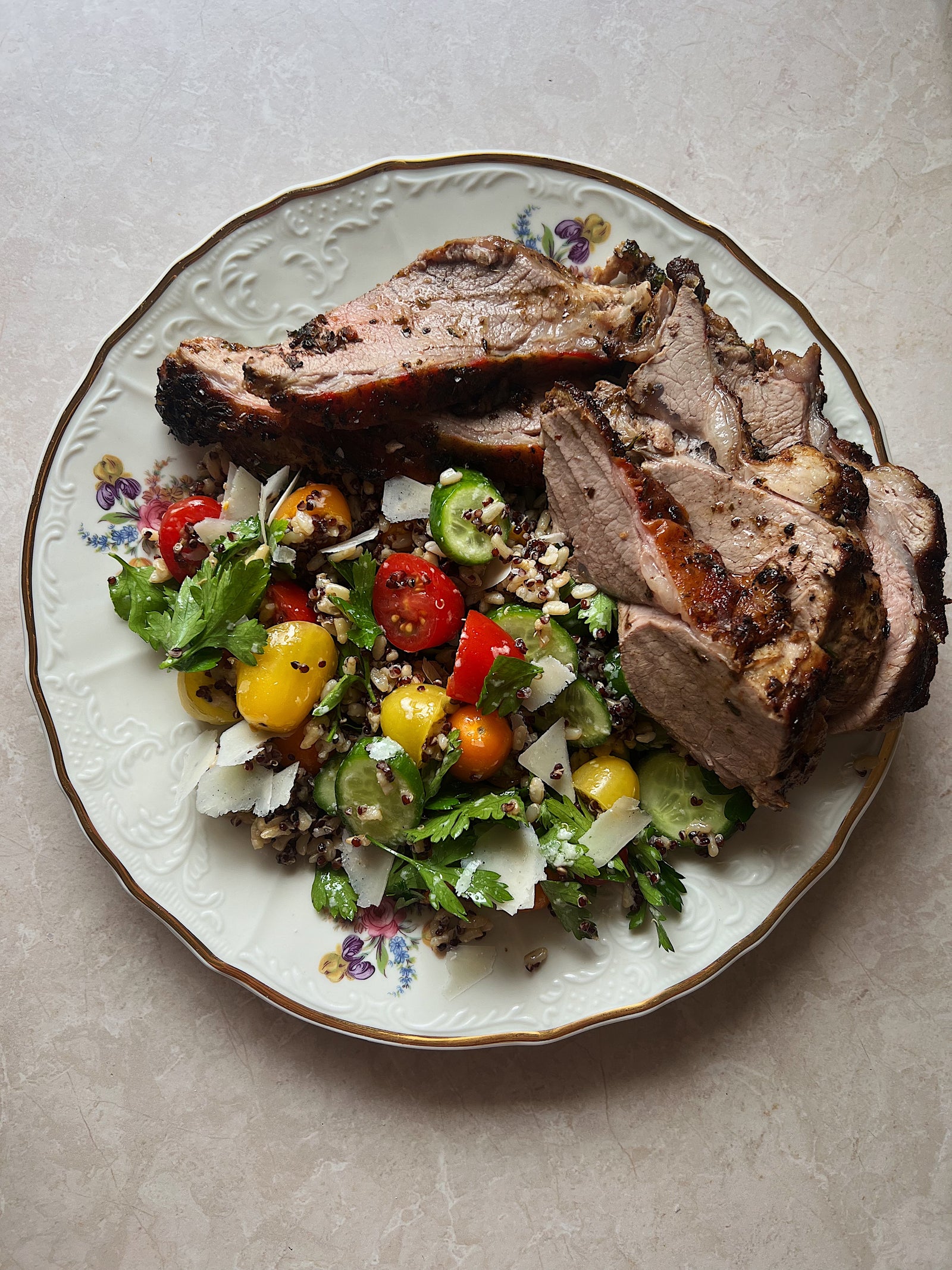 BBQ lamb leg with tomato and brown rice salad