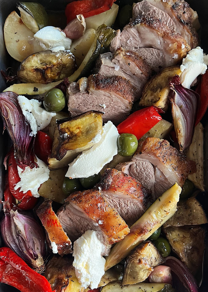 Lamb rump and Mediterranean veggie tray bake