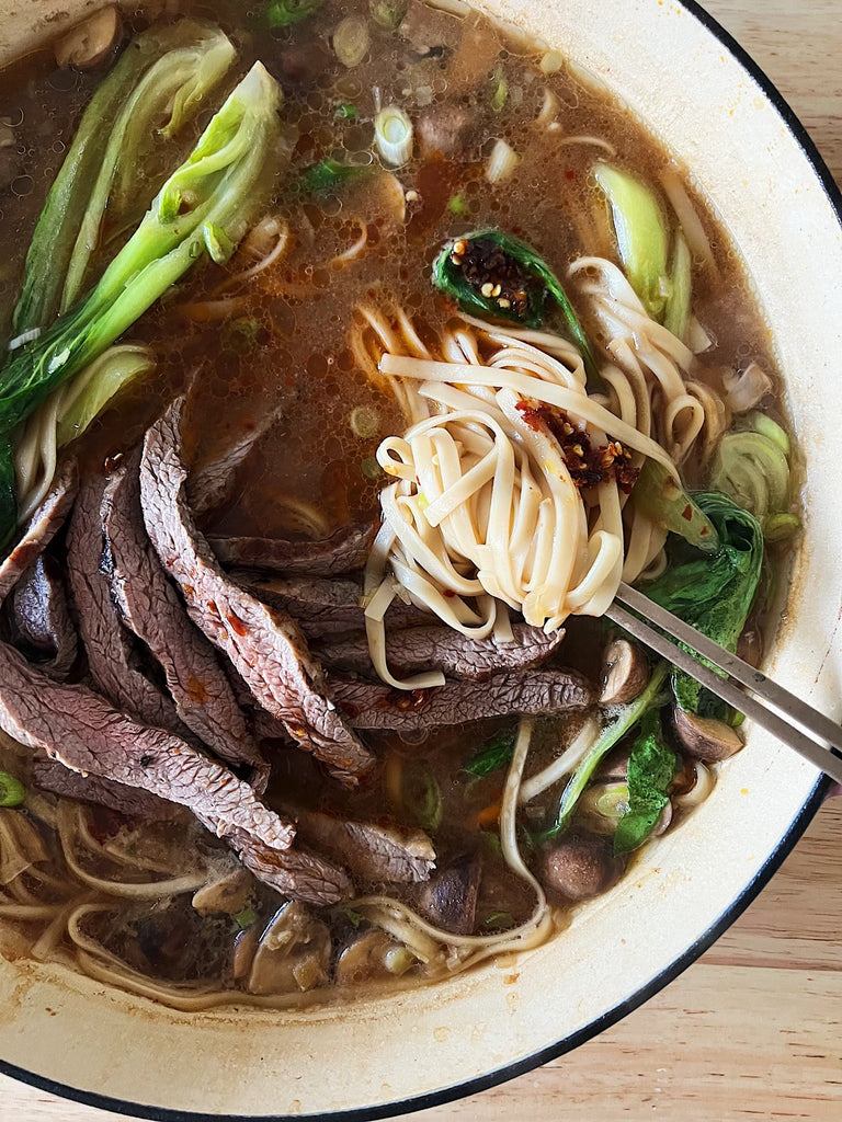 Miso veggie soup with bavette steak