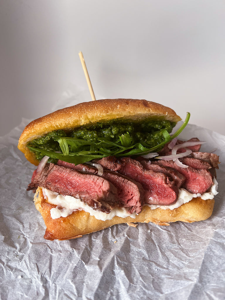 Beef steak sandwich with herb pesto