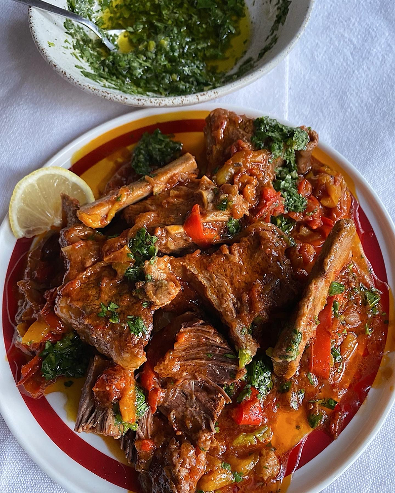 Slow cooked beef short rib and peppered casserole with green salsa verde