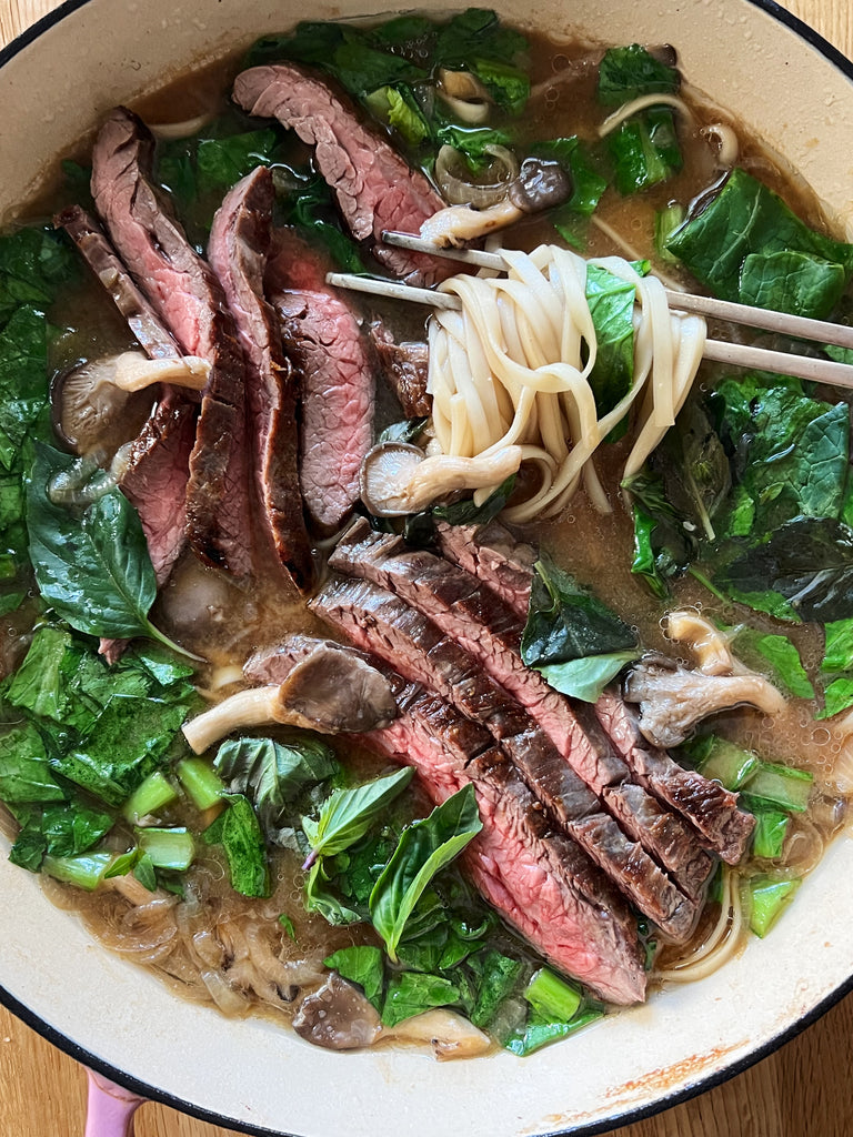 Beef, miso and mushroom udon noodle soup