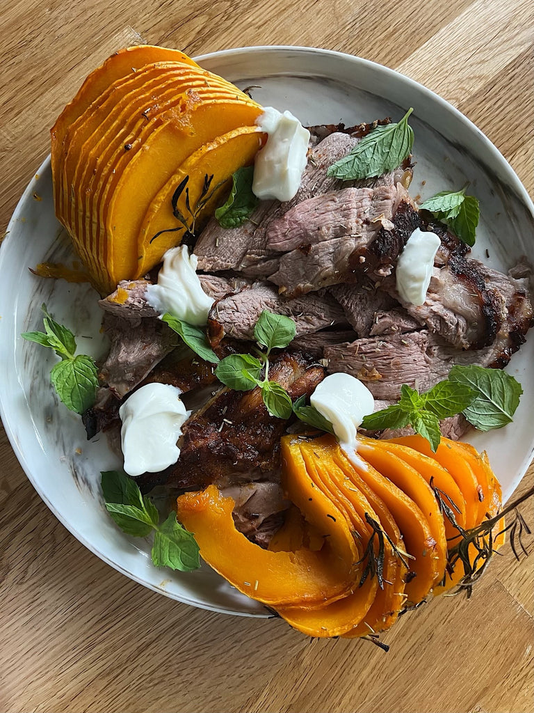 Yoghurt spiced Lamb Leg with maple hasselback pumpkin