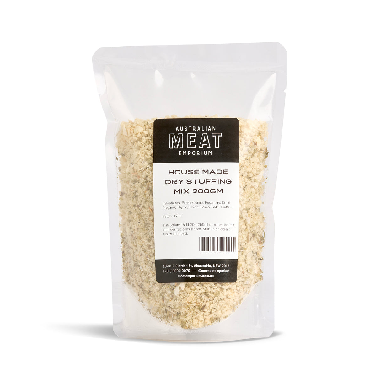 ME Housemade Herb Dry Stuffing Mix 200g – traditional breadcrumb and herb stuffing blend for Christmas turkey, chicken, or pork roast, packaged in a clear bag with label.